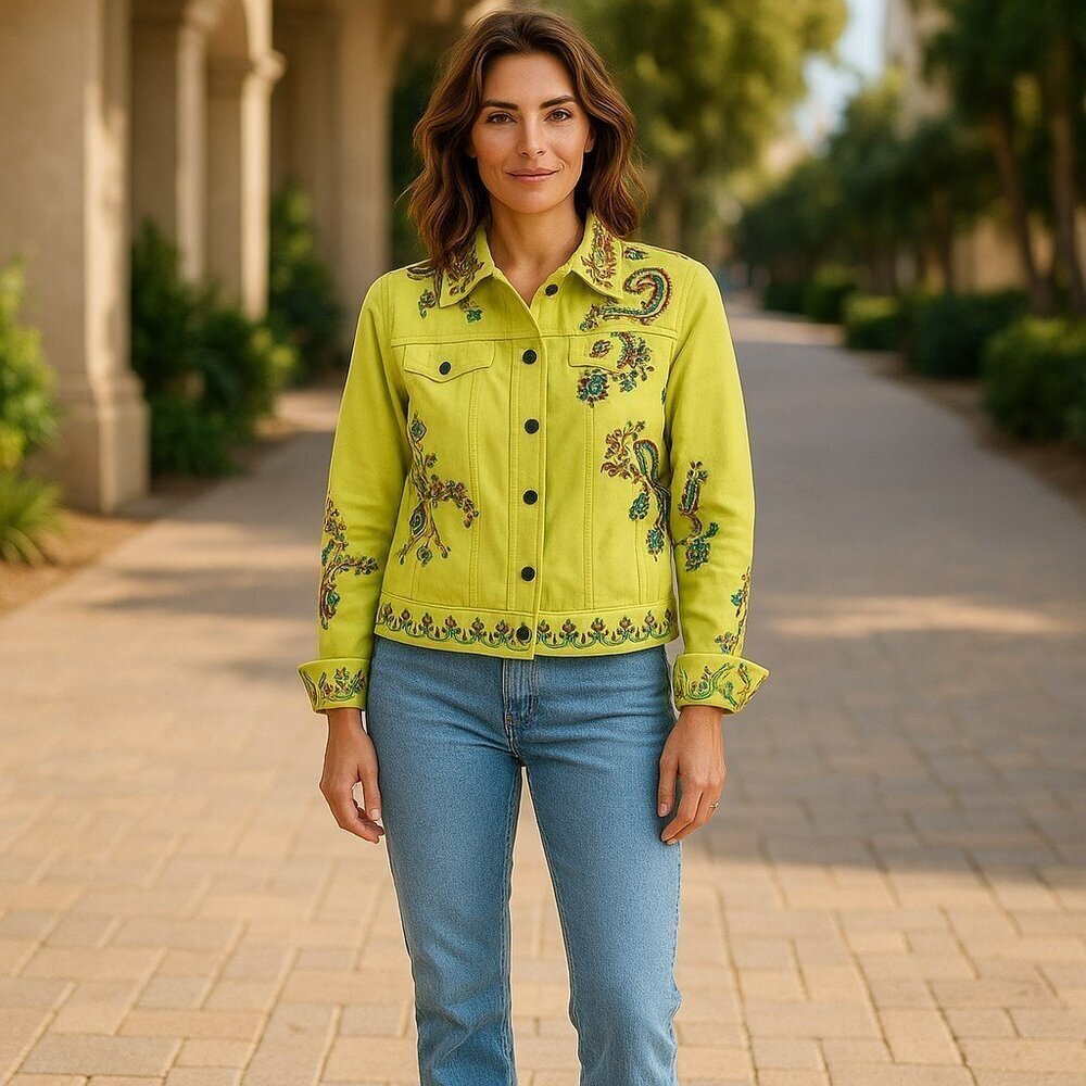 Coldwater Creek Womens Petite Small Green Embroidered Button Up Jacket PS